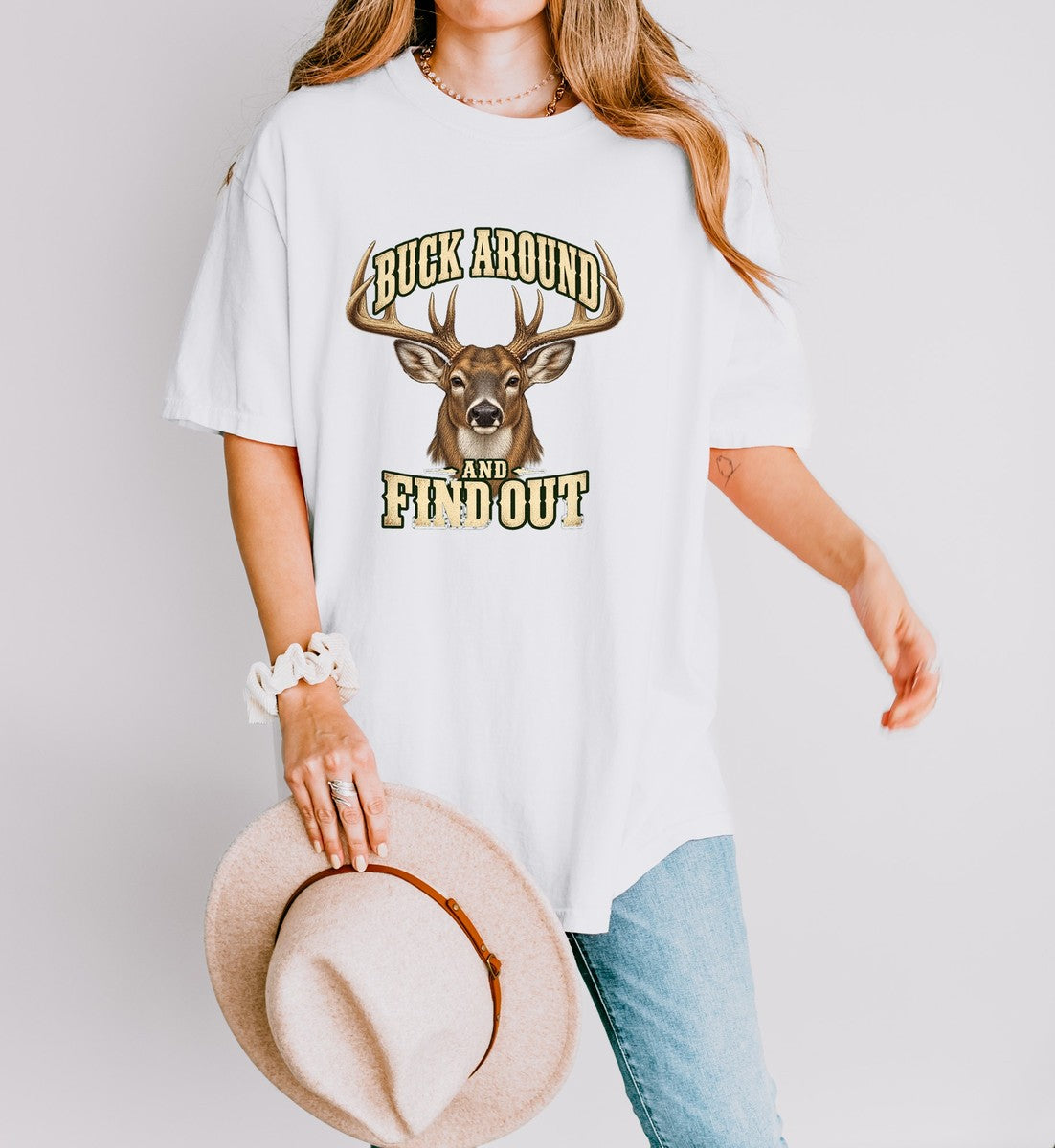 Buck Around and Find Out Cream Bust Deer Tee Funny Hunting F - Comfort Colors tee model v4