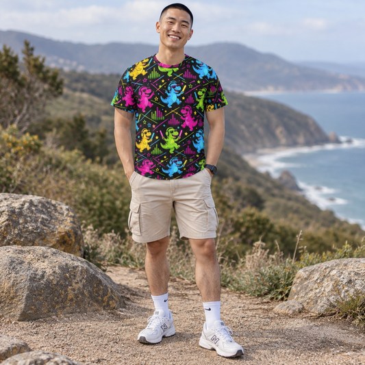 Man wearing Dancing Dinosaur rave tee