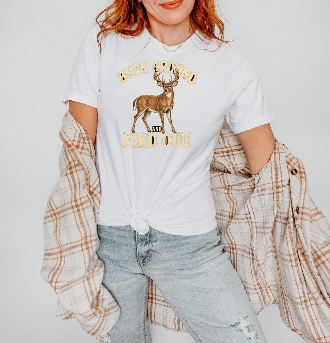 Buck Around and Find Out Cream Letter Deer Tee Funny Hunting - Comfort Colors tee closeup v4