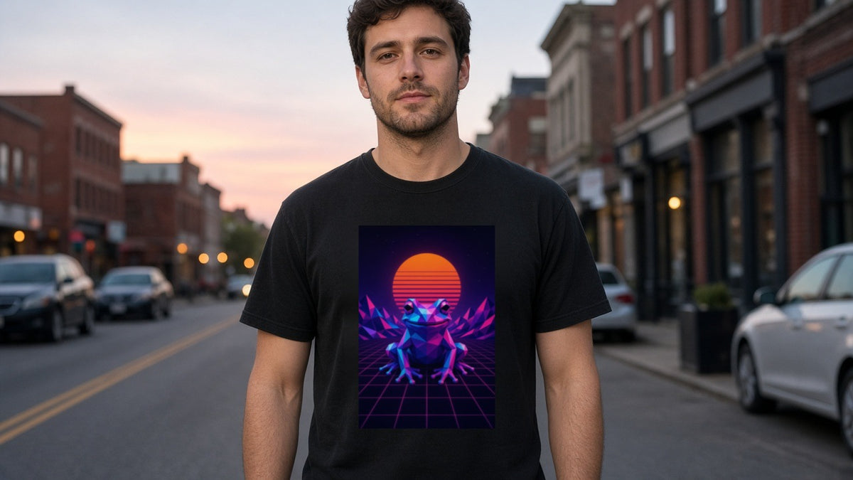 Man wearing black retro synthwave low-poly frog heavyweight tee