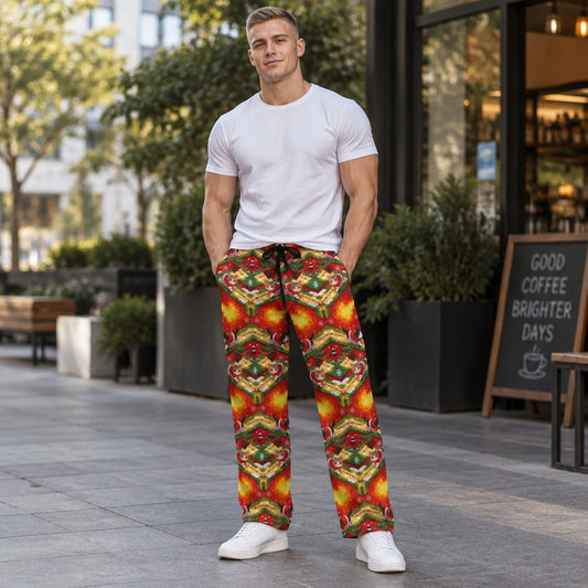 Man wearing red and green Christmas dragon and kittens print pajama pants