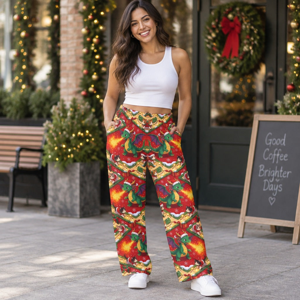 Woman wearing red and green Christmas dragon and kittens print pajama pants