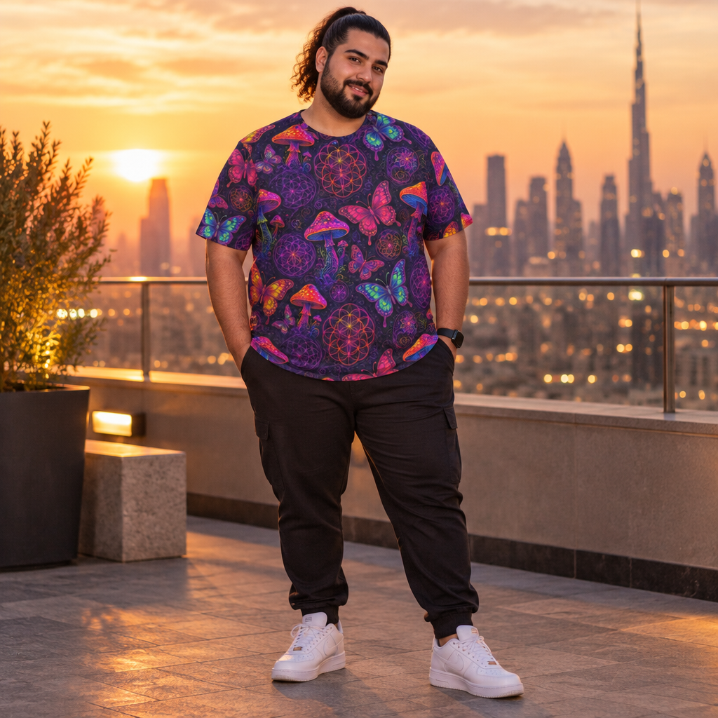 Man wearing Mushroom Butterfly rave tee