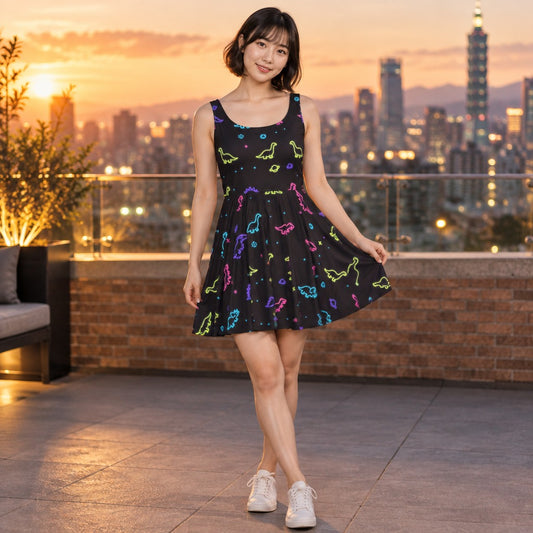 Woman wearing the Neon Dinosaur Space all-over print skater dress on a rooftop at sunset