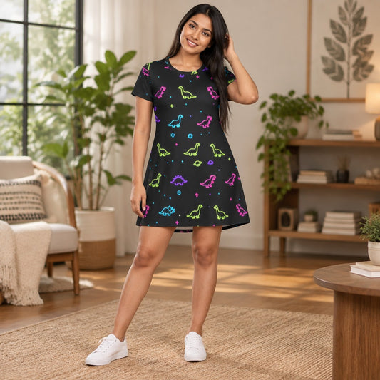 Woman wearing the Neon Dinosaur Space all-over print t-shirt dress in a living room