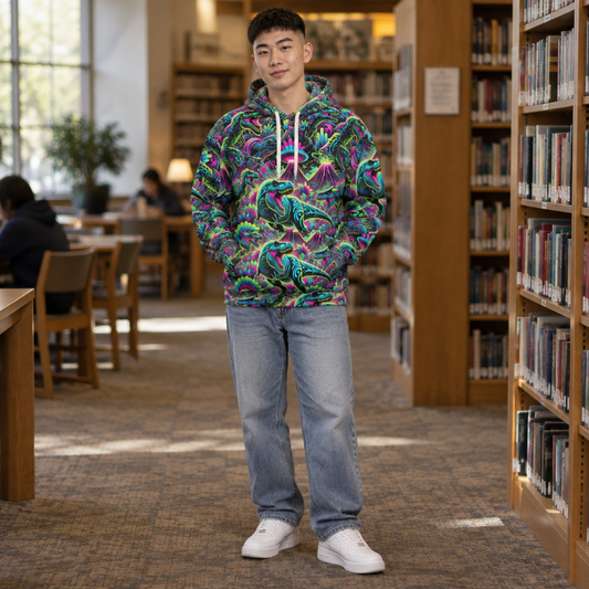 Man wearing the Neon Dino pullover hoodie, AI model photo