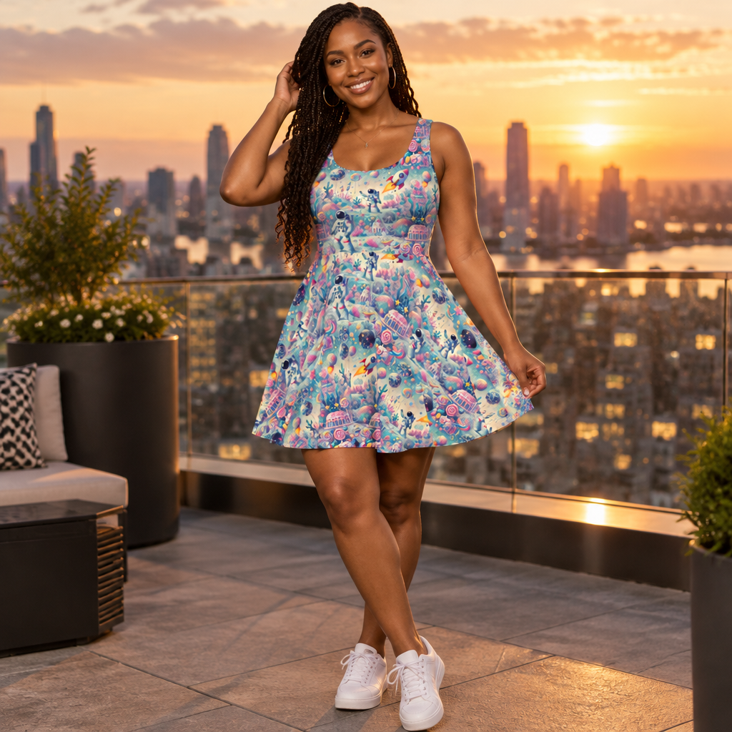 Woman wearing the Pastel Astronaut skater dress, AI model photo