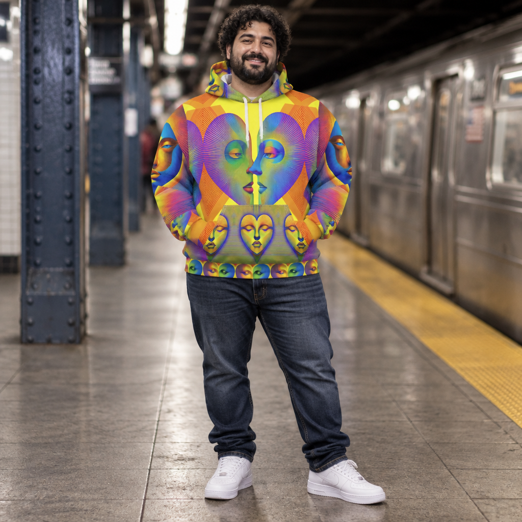 Man wearing the Rainbow Heart Faces hoodie, AI model photo