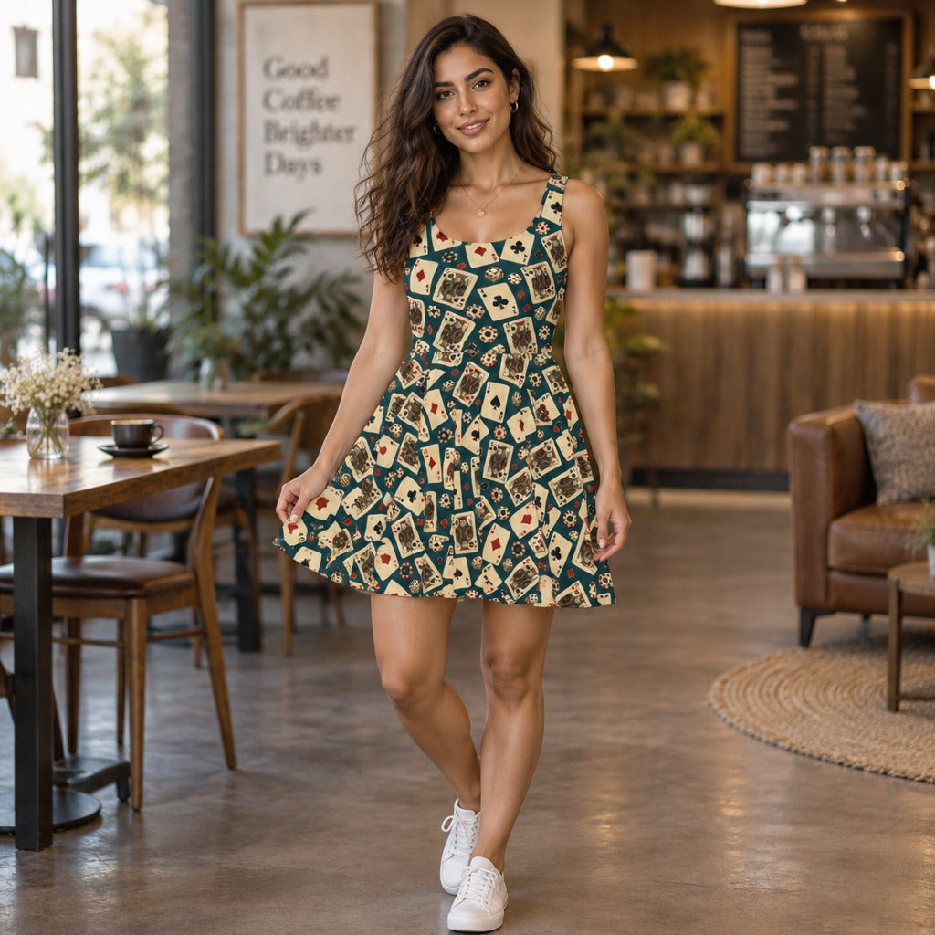Woman wearing the Retro Playing Cards print skater dress in a cafe
