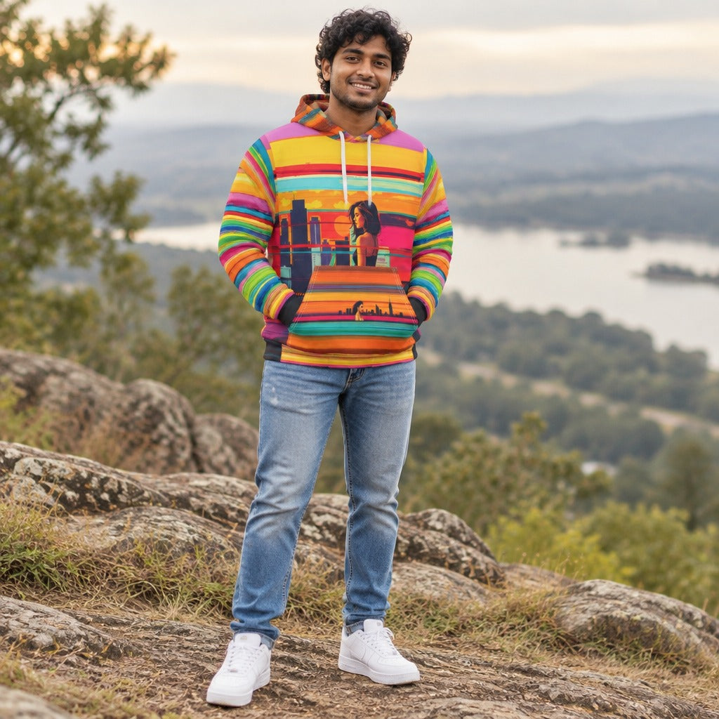 Man wearing the Retro Rainbow Stripe Sunset all-over print pullover hoodie at a lake overlook
