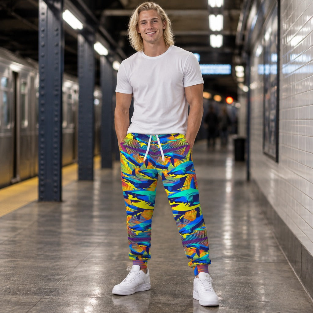 Man wearing the colorful Shark Print athletic joggers in a subway station