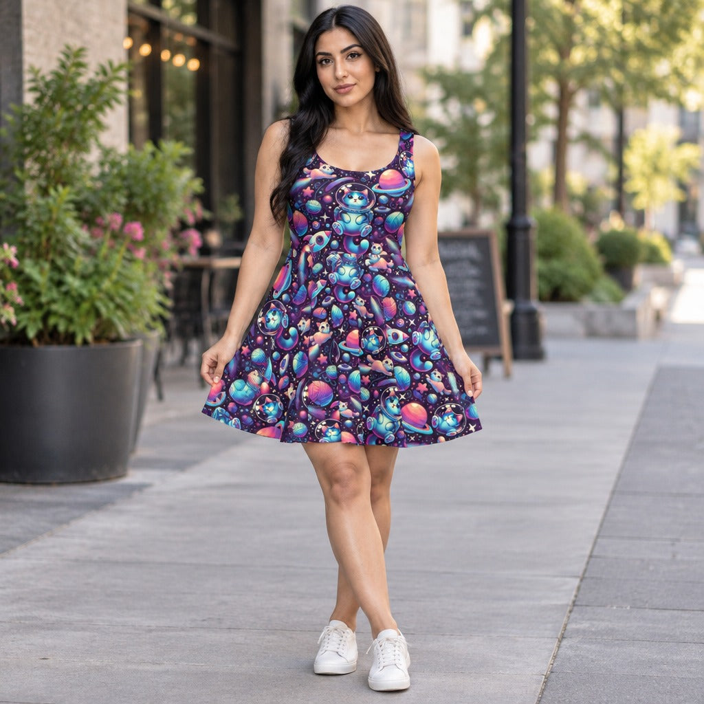 Woman wearing a purple galaxy astronaut cat print skater dress
