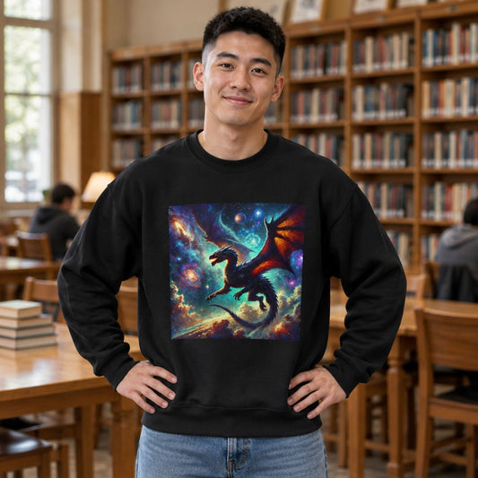 Man wearing the black Space Dragon graphic crewneck sweatshirt in a library
