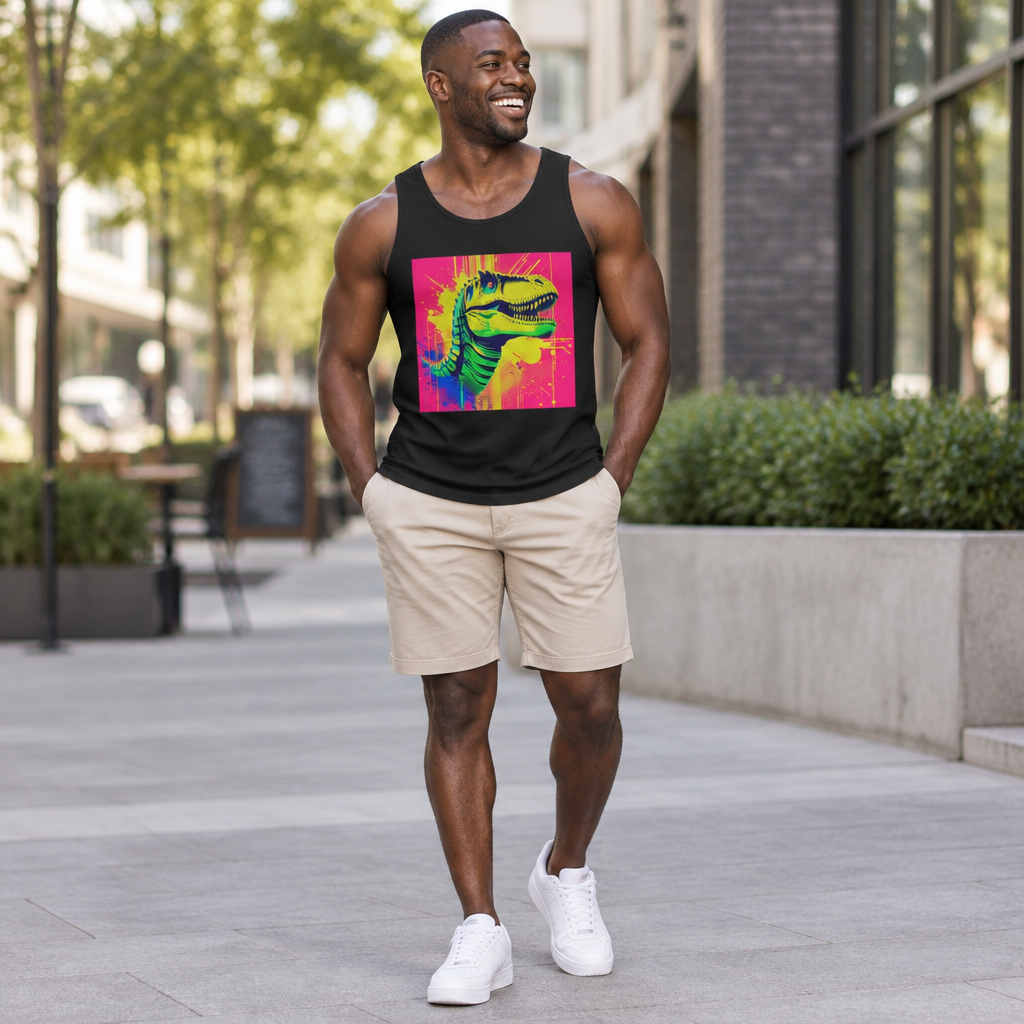 Man wearing the Neon Pop Art T-Rex tank top, AI model photo