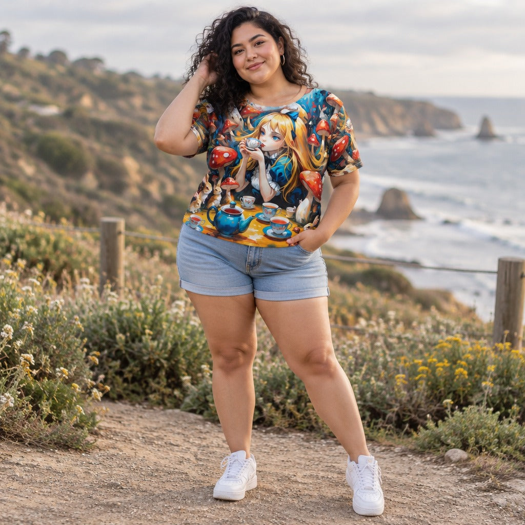 Woman with curly hair wearing the Wonderland Tea Party all-over print crop top on a coastal trail