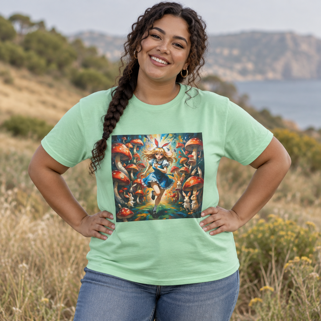 Woman wearing the Wonderland Girl tee, AI model photo